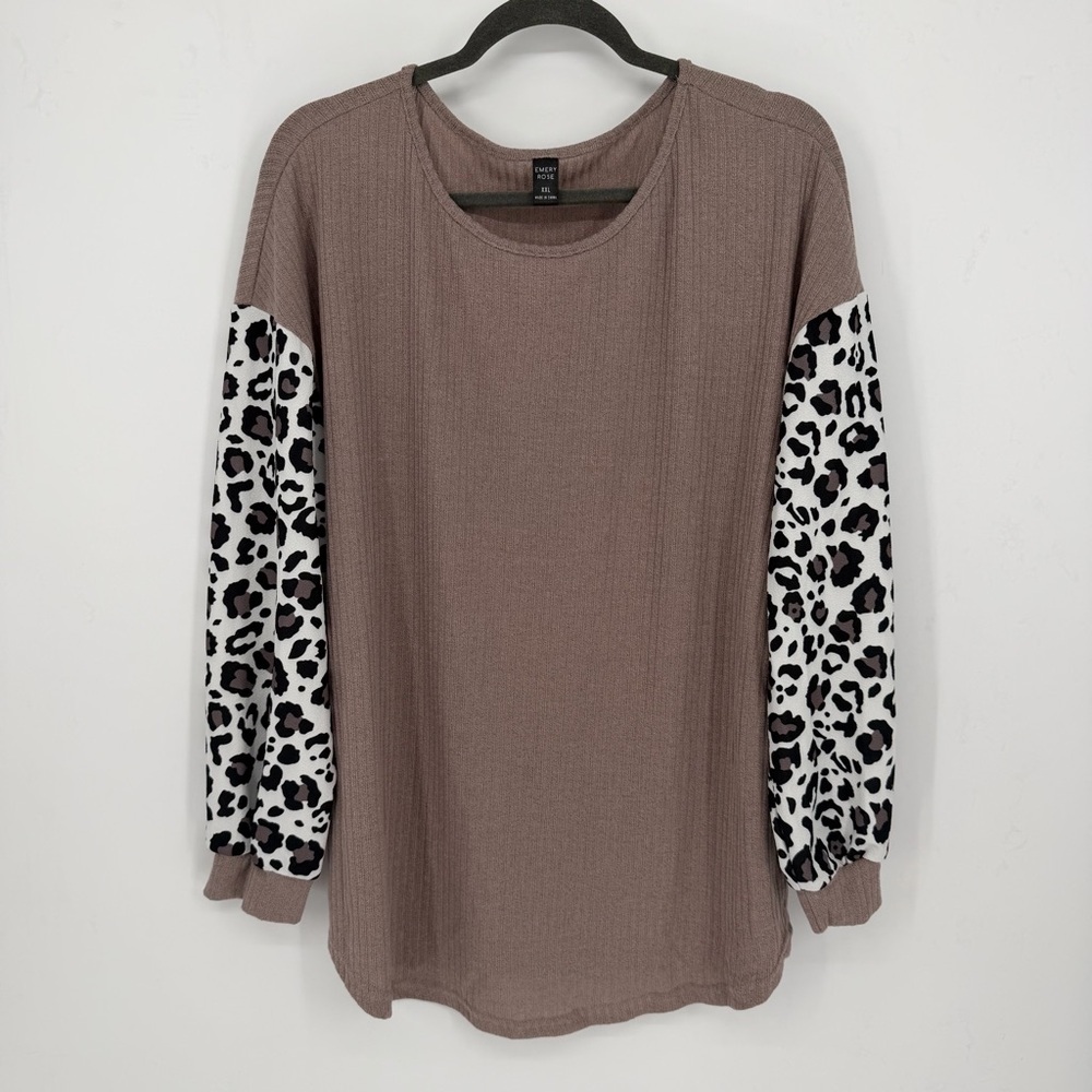 Ribbed Leopard Print Chiffon Sleeve Blouse